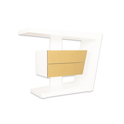 Móvel moderno branco com gavetas douradas e design angular