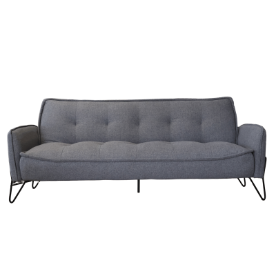 Sofá de tecido cinza com pernas metálicas pretas