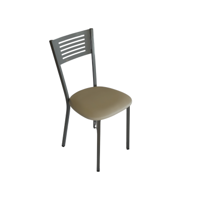 cadeira metálica cinza com assento estofado bege e encosto perfurado