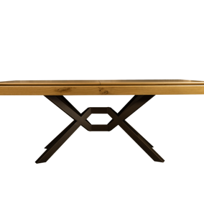 Mesa de madeira com tampo retangular e base metálica preta