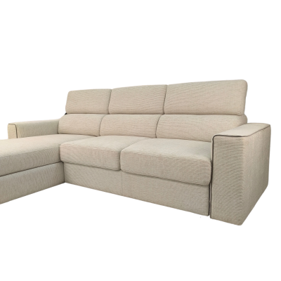 Sofá de canto bege em tecido texturizado com três assentos e encostos altos