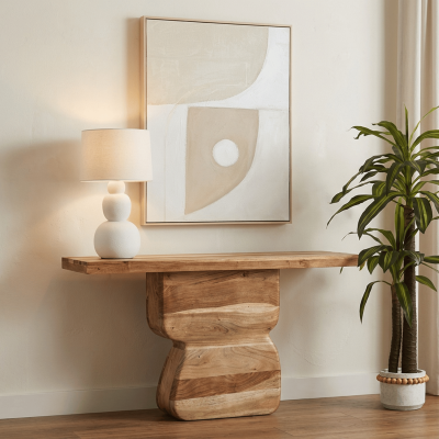 Mesa consola madeira natural com abajur branco e quadro abstrato bege, planta verde em vaso