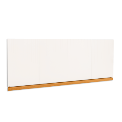 Armário branco modular com base de madeira clara