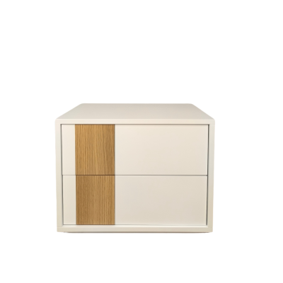 Móvel de arrumação branco com painel de madeira clara e duas gavetas.