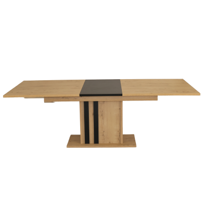 Mesa de jantar extensível em madeira clara com detalhe preto central