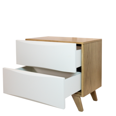 Cómoda pequena com duas gavetas brancas e corpo de madeira clara