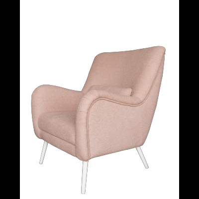 Poltrona estofada rosa com pernas brancas num fundo preto