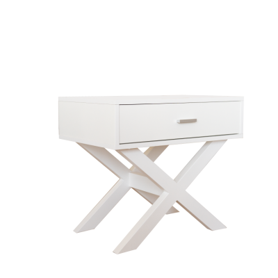 Mesa de cabeceira branca com uma gaveta e pernas em cruz