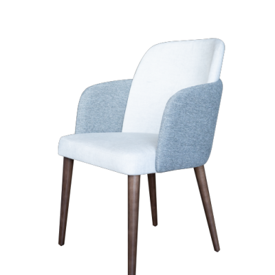 Cadeira estofada cinzenta e branca com pernas de madeira escura