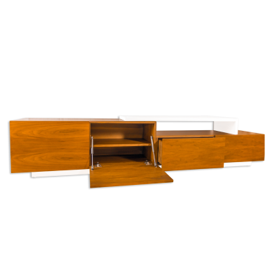 Móvel de madeira castanha com portas e prateleiras aberto