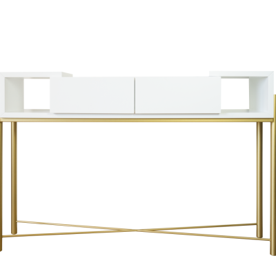 Mesa branca com estrutura metálica dourada e três compartimentos