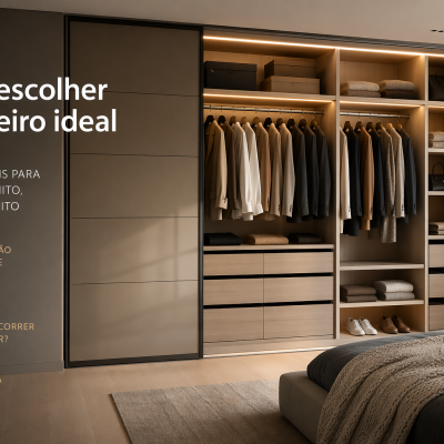 Roupeiro moderno em madeira clara com iluminação integrada e portas deslizantes castanhas