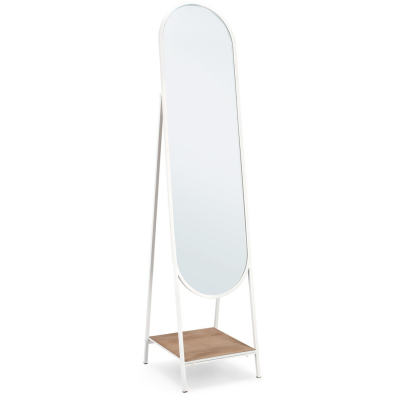 Espelho vertical com estrutura branca e prateleira de madeira