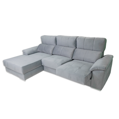 Sofá chaise longue cinzento claro com assentos e encostos almofadados