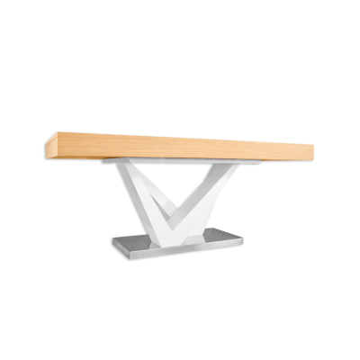 Mesa de jantar madeira clara com base branca e prateada