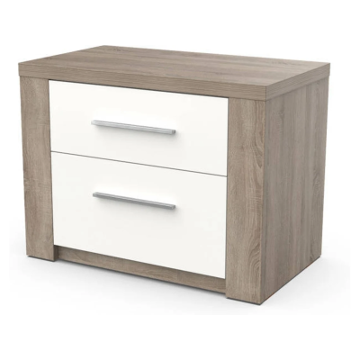 Móvel de apoio com duas gavetas brancas e estrutura castanha