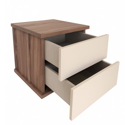 Móvel de madeira com duas gavetas abertas em tons castanho e bege