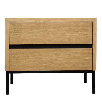 Cómoda moderna de madeira clara com duas gavetas e pernas pretas