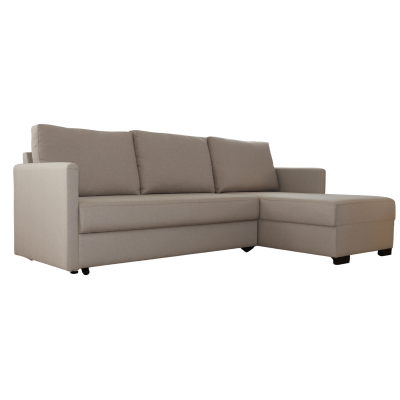 Sofá chaise longue em tecido bege com almofadas