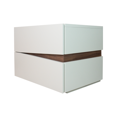 Móvel de canto branco com faixa de madeira castanha