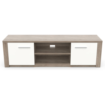 Móvel de TV em madeira castanho claro com portas brancas e prateleiras abertas
