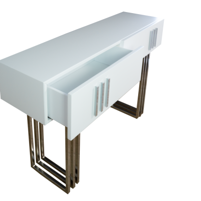 Móvel branco com gaveta aberta e pernas metálicas douradas