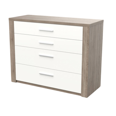 Cômoda de madeira clara com quatro gavetas brancas e puxadores lineares brancos
