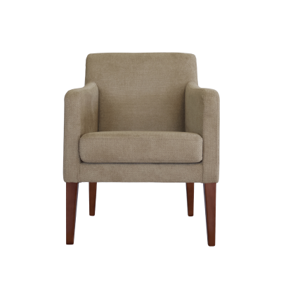 Poltrona bege com pernas de madeira castanha