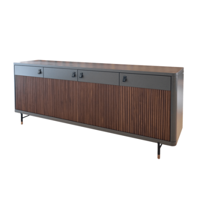 Aparador de madeira castanha e cinza com gavetas e portas ripadas