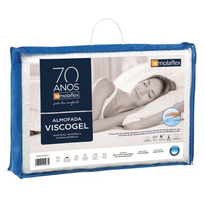 Almofada viscoelástica Moraj Molaflex em embalagem azul com imagem de mulher a descansar
