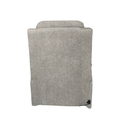 Poltrona cinza claro vista de trás com ajuste preto na base