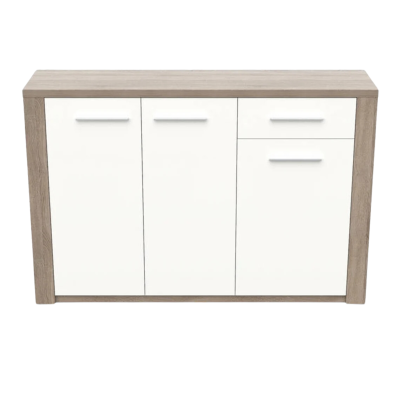 Aparador de madeira castanha clara com portas e gavetas brancas e puxadores prateados