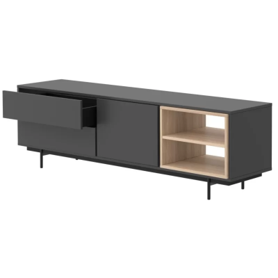 Móvel baixo preto com gaveta e compartimento aberto em madeira clara