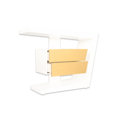 Móvel moderno branco com duas gavetas bege e design em 'Z'