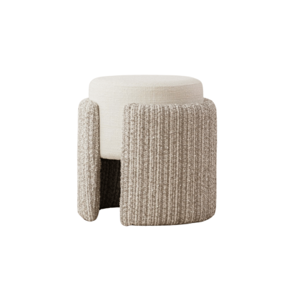 Pufe redondo com estofado branco e base texturada cinza claro