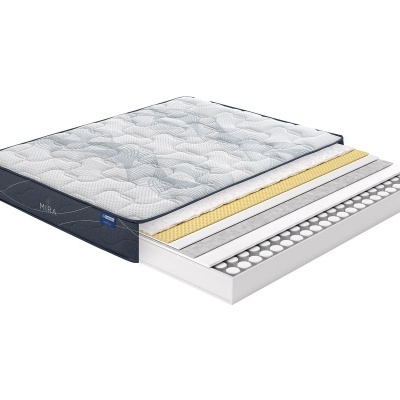 Colchão cortado mostrando várias camadas interiores e tecido branco cinzento exterior