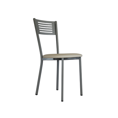 Cadeira metálica cinza com assento almofadado bege