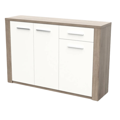Aparador de madeira com três portas e duas gavetas branco e tampo castanho claro