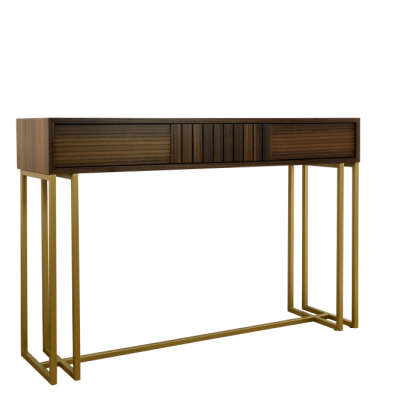 Móvel madeira escura com gavetas texturizadas e base dourada