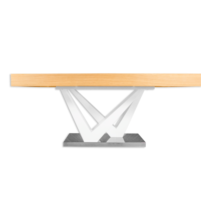 Mesa com tampo de madeira clara e base metálica branca geométrica