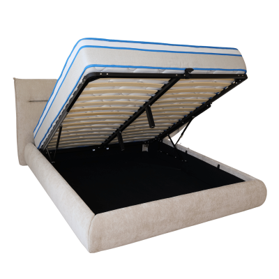 Cama estofada bege com colchão e arrumação interior