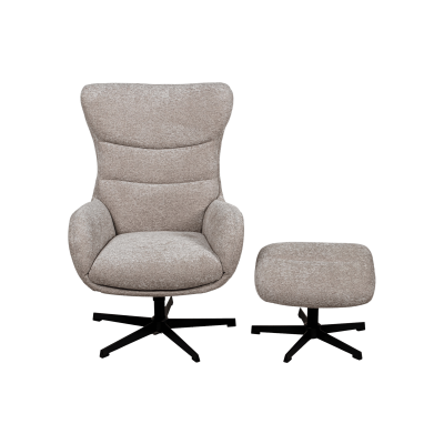 Cadeira de descanso cinza claro com apoio para os pés e base preta giratória