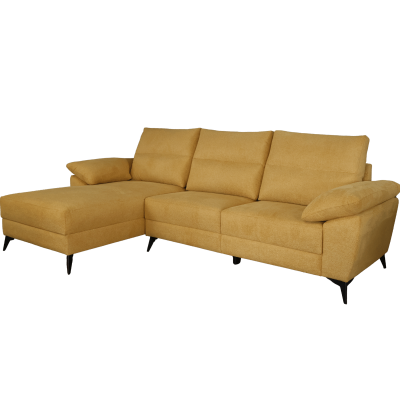 Sofá chaise longue amarelo mostarda em tecido com pernas pretas