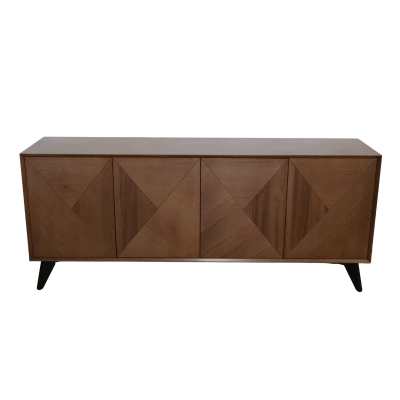 Aparador de madeira castanha com padrão geométrico e pernas pretas