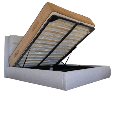 Cama com base elevatória cinza e colchão bege