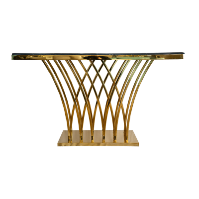 Mesa de centro com tampo de vidro e base dourada entrelaçada