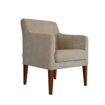 Cadeira estofada cor bege com pernas de madeira castanha