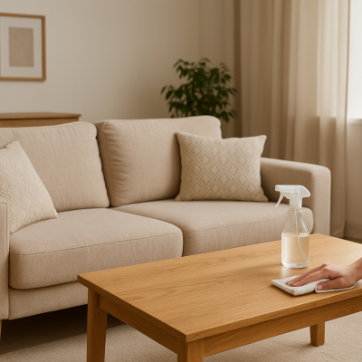 Sofá bege e mesa de madeira clara numa sala com cortinas e plantas.