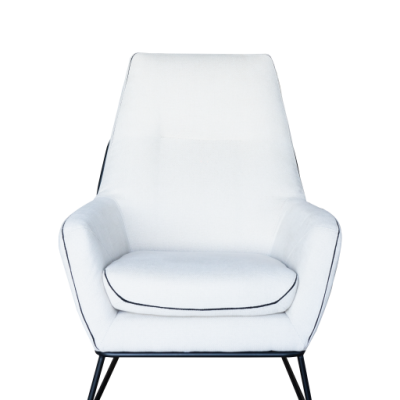 poltrona branca com costuras pretas e pernas metálicas pretas