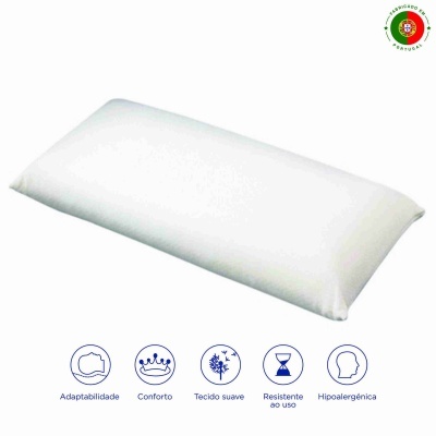 Almofada retangular branca com ícones e texto azul sobre características